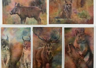 Les animaux de la forêt, aquarelle et cire 2025