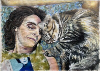 Autoportrait avec Loulou, cire sur aquarelle sur calque -2025