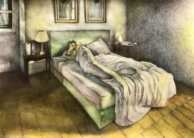Angelo, le réveil, mine graphite sur aquarelle -2021
