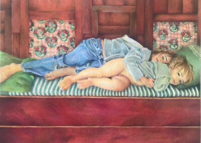 Mona et Angelo, tendresse, cire sur aquarelle - 2024