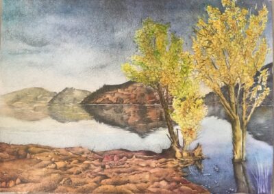 Le lac de Salagou, mine graphite sur aquarelle - 2017